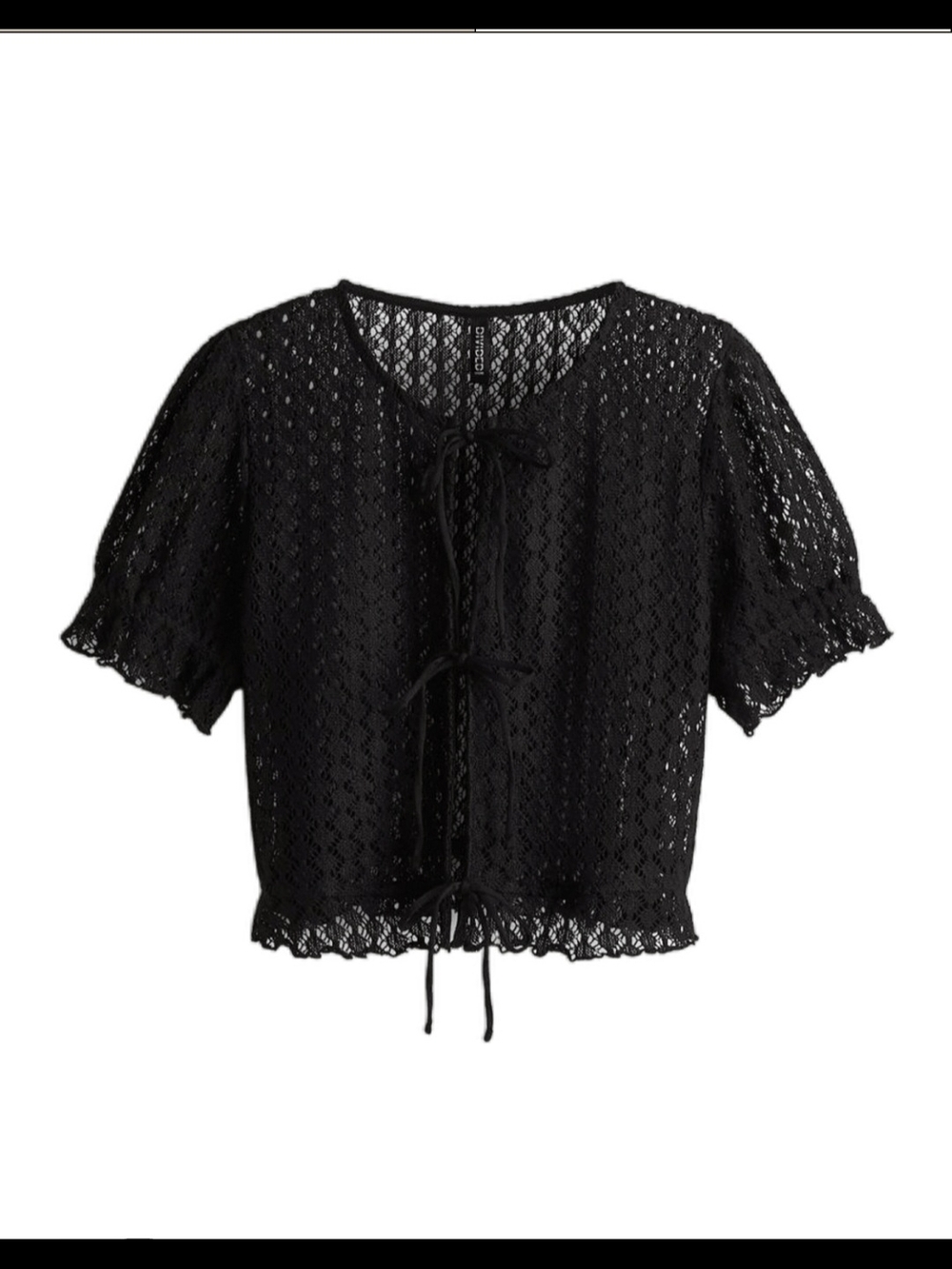 H&M Black Crochet Tie-Front Short Sleeve Blouse